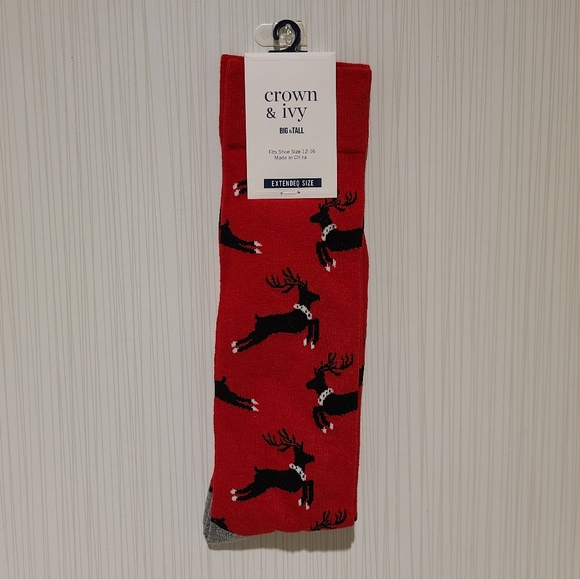 Reindeer Socks by Crown & Ivy Big & Tall For Men Shoe Size 11 to 16 Cotton - Picture 1 of 2